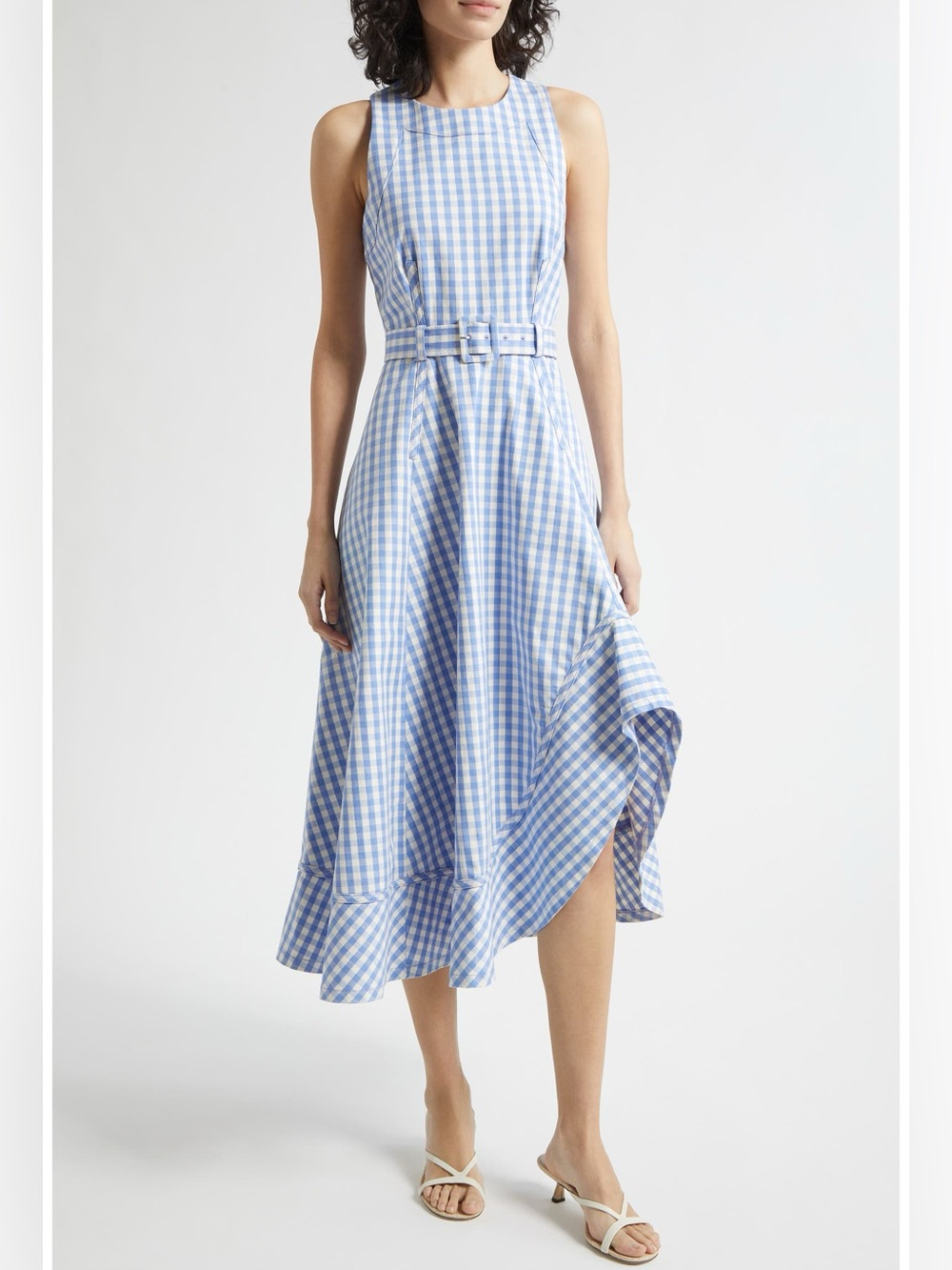 Cinq à Sept Zelda Baby Blue Gingham Belted Asymmetric Sleeveless Midi Dress 6